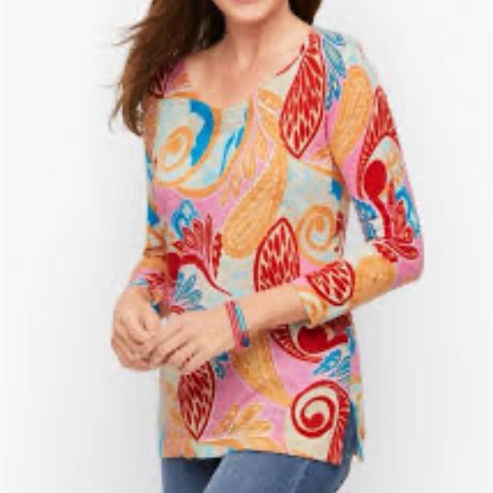 Talbots Slub Cotton V-neck Sweater in Jungle Paisley Size X-Small NEW